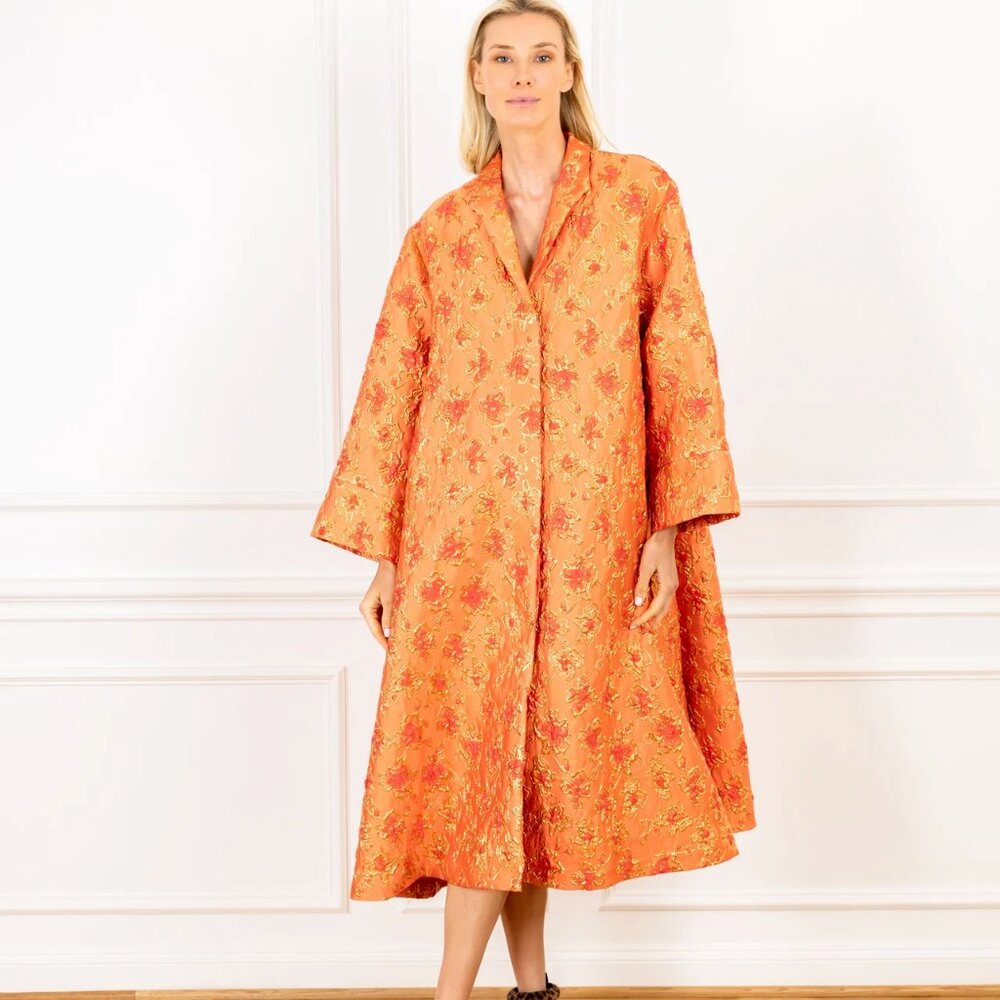 La Vie Style House Gilded Orange Brocade Maxi Dress Coat